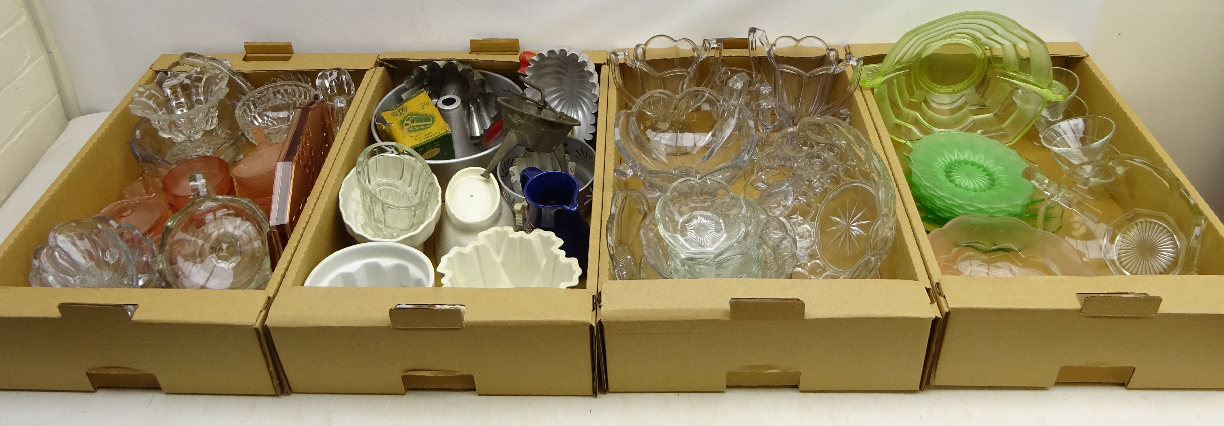 Vintage kitchenalia including a boxed 'Quickmix', French grinder, jelly moulds in glass,