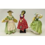 Three Royal Doulton figures 'Daffy-Down-Dilly' HN1712, Priscilla HN1340 potted by Doulton & Co.