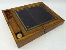 Victorian walnut brass bound writing box with tooled gilt leather slope and glass inkwell,