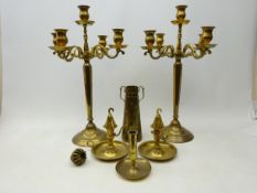 Pair brass five branch table top candelabra, H58cm, Art Nouveau brass vase,
