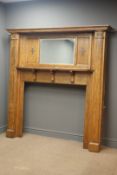 Large early 20th century inlaid oak fire surround, projecting cornice,
