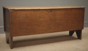 19th century oak plank coffer, solid end shaped supports, W110cm, H50cm,