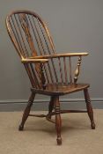 19th century ash and elm double bow Windsor armchair, pierced splat with turned supports,