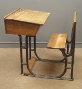 Vintage oak and cast iron school desk, hinged lid, folding seat, W67cm, H87cm,