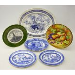Joseph Mottram plate hand painted with fruit, pair graduating Mason's Willow pattern oval stands,