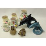 Collection of Poole pottery including four vases & jug, Duckling, Dolphin,