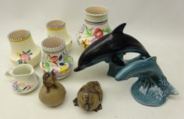 Collection of Poole pottery including four vases & jug, Duckling, Dolphin,