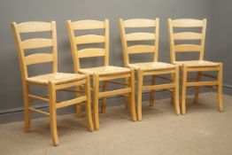 Set four beech ladder back chairs, rush seats, square tapering legs,