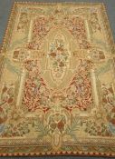 Kasmiri beige ground wool chain hand stitched rug, repeating border,