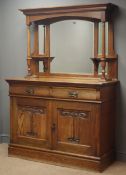 Arts & Crafts oak sideboard, projecting cornice, bevel edged mirrors, turned side supports,