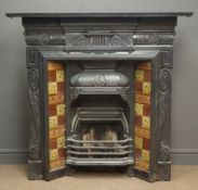Edwardian cast iron fire place, projecting cornice, floral and foliate moulded decoration,