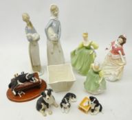 Pair of Lladro figures of shepherd girls, three Doulton figures 'Fair Maiden',