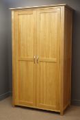 Light oak double wardrobe, projecting cornice, two panelled doors, stile supports, W110cm, H192cm,