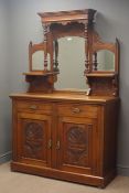 Edwardian walnut mirror back sideboard, projecting cornice, turned pillars, two drawers,