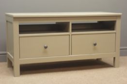 Painted television stand, two drawers, stile supports, W111cm, H58cm,