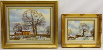 Chopping Wood in the Snow, oil on board signed by Patrick Burke (Northern British contemporary),