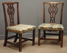 Pair mahogany Chippendale style chairs, shaped cresting, pierced splat, upholstered seat,