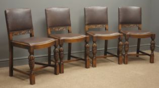 Set four early 20th century oak chairs, leather upholstered back and seat,