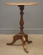 20th century mahogany pedestal table, turned column, splayed supports, W50cm, H70cm,