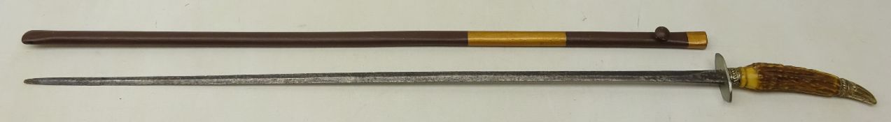 19th century double edged steel blade with additional Victorian horn handle with silver-plated