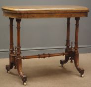 Victorian inlaid walnut burr games table, red baize,