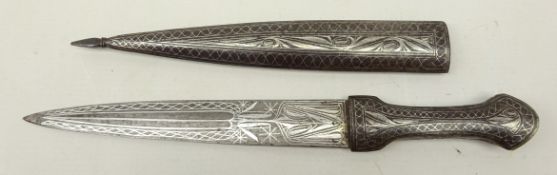 Russian Kindjal, 20cm tapering blade and shaped handle, with all over niello style decoration,