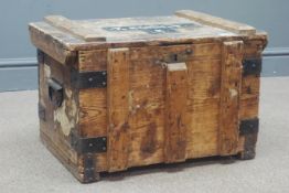 Early 20th century pine and metal bound trunk, metal carrying handles, top painted with 'T. R. N.