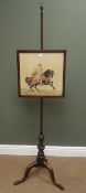 Edwardian mahogany adjustable fire pole, tapestry screen, three splayed supports,