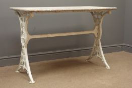 Marble garden coffee table, white cast iron supports, 107cm x 54cm,