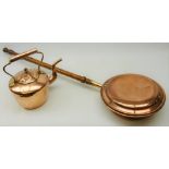 19th century copper warming pan with turned handle and a copper kettle (2)