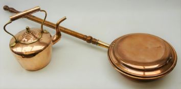 19th century copper warming pan with turned handle and a copper kettle (2)