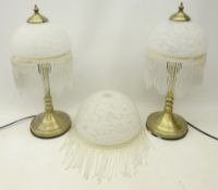 Pair brushed brass table lamps with Deco style glass shades and beaded fringing,