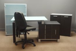 Desk with glass top, three drawers and one cupboard offset, (W149cm, H74cm, D70cm),
