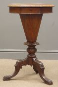 Victorian walnut trumpet shaped work table, quarter veneered octagonal top with Tunbridge edging,