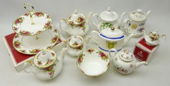 Set of four Royal Albert 'Old Country Roses' pattern teapots, bowl and two tier cake stand,
