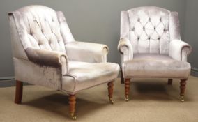 Pair Victorian style upholstered button back armchairs or turned supports with castors,