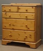Pine chest, raised back, two short and three long graduating drawers, plinth base on castors, W87cm,
