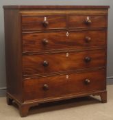 Early 19th century inlaid mahogany chest, two short and three long drawers, bracket supports,