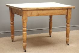 Rectangular pine farmhouse table, single drawer, turned supports, 104cm x 74cm,