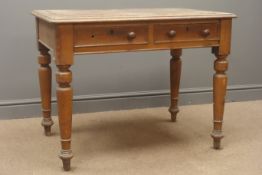 Victorian desk with raised leather top insert above two drawers, turned supports, W90cm, H71cm,