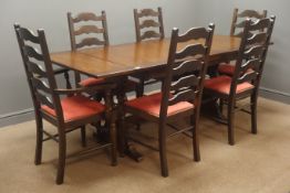 Rectangular oak refectory table, pierced solid end supports joined by single stretcher, sledge feet,