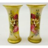 Pair Royal Worcester trumpet shaped spill vases decorated with roses and other flowers c1914, H11.