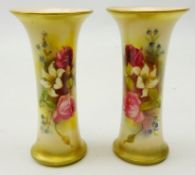 Pair Royal Worcester trumpet shaped spill vases decorated with roses and other flowers c1914, H11.