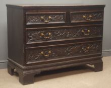 19th century carved oak chest, two short and two long drawers, bracket supports, W122cm, H93cm,
