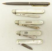Three hallmarked silver and mother of pearl fruit knives,
