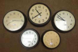 Five various 'Smiths' circular bakelite cased slave clocks