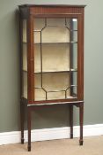Edwardian mahogany narrow display cabinet, projecting cornice,