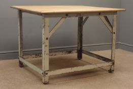 Rectangular pine top industrial table, metal supports, W107cm, H76cm,