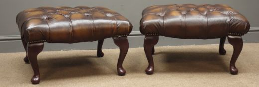 Pair Regency style footstools, deeply buttoned upholstered antique brown leather, cabriole legs,