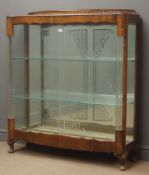 Art Deco walnut display cabinet, sliding glazed doors enclosing two shelves, cabriole feet, W105cm,